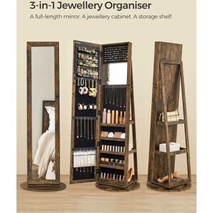 Songmics - 360° Swivel Jewellery Cabinet, High Full Length Mirror, Lockable Jewellery Organiser with Built-In Small Mirror, Rear Storage Shelves,