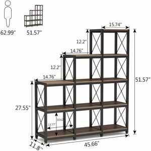 Tribesigns 12 Shelves Bookshelf, Industrial Ladder Corner Bookshelf 9 Cubes Stepped Etagere Bookcase, Rustic 5-Tier Display Shelf Storage Organizer