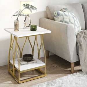 TRIBESIGNS Faux Marble Side Table for Living Room, Square End Table with 2 Tier Storage Shelf, Modern Accent Sofa Side Table w/Unique Metal Frame, White and