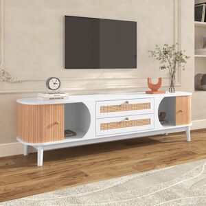 Modernluxe - tv stand 200cm Natural Wood color, Media Entertainment Center with Doors and Drawers, natural country house style, white