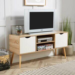 BODEN Tv Stand Entertainment Cabinet Oak White 2 Door Cable Tidy Solid Wood Leg Scandi - Oak