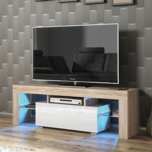 OLIVIA FURNITURE Tv Unit 130cm Oak Modern Stand White Gloss Doors Free led