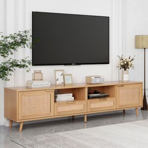 MODERNLUXE Tv Unit 200cm Modern Rattan , Media Entertainment Center with 4 Storage cabinet and 2 Open Shelvesm, Oak