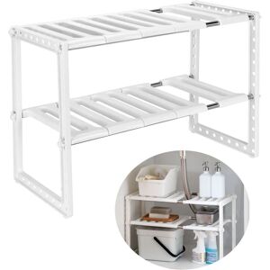 AOUGO Under Sink Storage Shelf Expandable Rack Organizer for Kitchen Bathroom Bedroom Living Room Adjustable Length 38-70cm, Load Capacity 14kg (White)