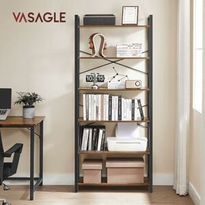 Songmics - vasagle Bookshelf, 6-Tier Shelving Unit with Steel Frame, Tall Rustic Shelves for Living Room, Office, Study, Hallway, Industrial Style,