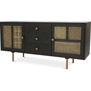 PRIVATEFLOOR Wooden Sideboard - Vintage Design - Dena Black Metal, Cane, MDF, Mango wood - Black