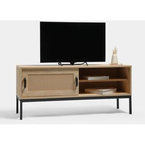 Vonhaus - Rattan tv Unit - Light Wood Effect tv Stand Cabinet - For TV's up to 55 - Industrial Scandi Style Entertainment Unit with Storage Cupboard