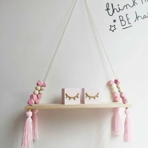 HOOPZI Wall Shelf Floating Shelf Wood Rack Hanging Swing Wall Shelf Wall Chart Macaron Board Girls Nursery Decor Size: 38x14x1.2cm (Pink)