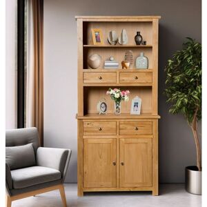 HALLOWOOD FURNITURE Waverly Small Display Cabinet, Solid Wooden Dresser, Sideboard with Top, Light Oak Display Cabinet with 4 Drawers and Storage Cupboard for Kitchen
