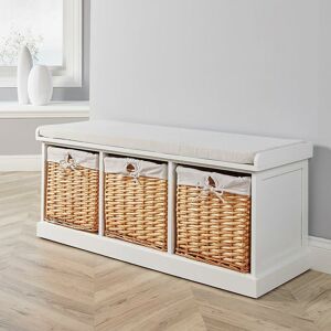 MALVERN White Wooden Hallway Shoe Storage Bench Chest Wicker Basket Cushion Padded Seat - White