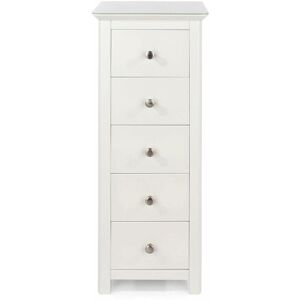 Cannes - White Wooden Narrow 5 Drawer Bedroom Storage Chest Unit Toughened Glass Top Tall - White