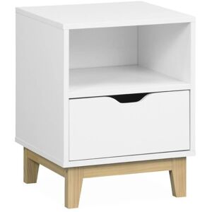 Sweeek - White bedside table with fir wood legs - Floki - 40 x 39 x 52cm - 1 drawer and 1 niche - White