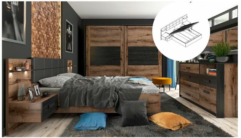 IMPACT FURNITURE King Size Bedroom Furniture Set Luxury Storage Bed Sliding Wardrobe Bedside Units Oak Black usb Charger led Light Kassel - Oak Finish / Black