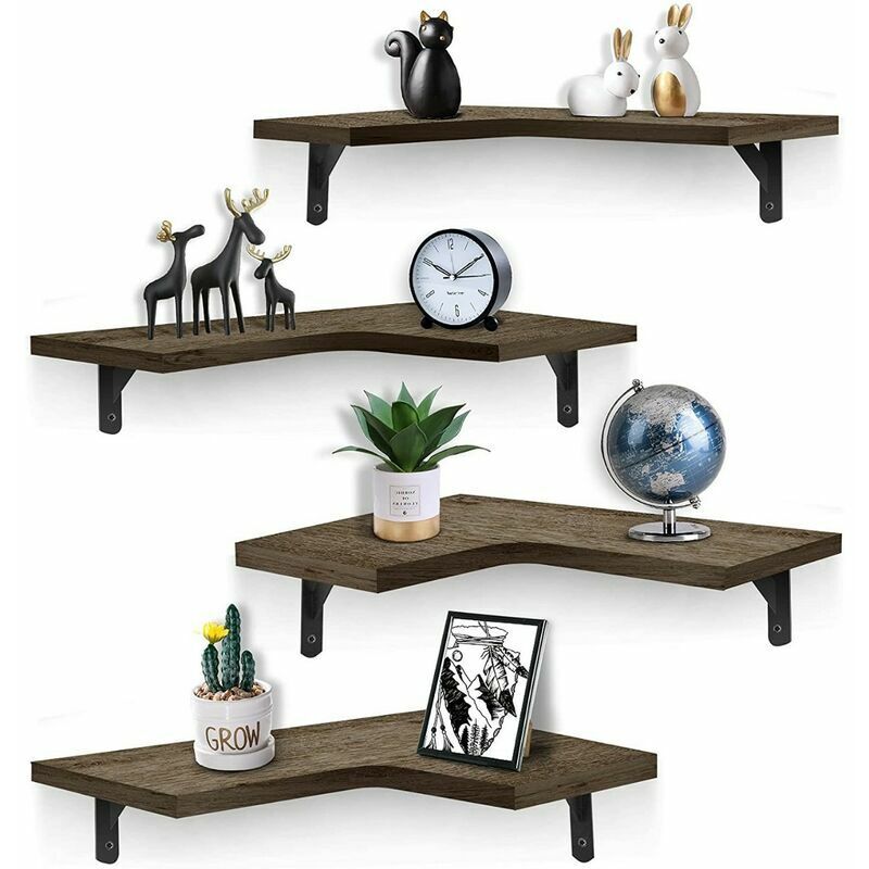 Promotion Set of 4 Floating Corner Shelves with for Bathroom, Kitchen or Bedroom (Dark Charcoal Black) - Alwaysh