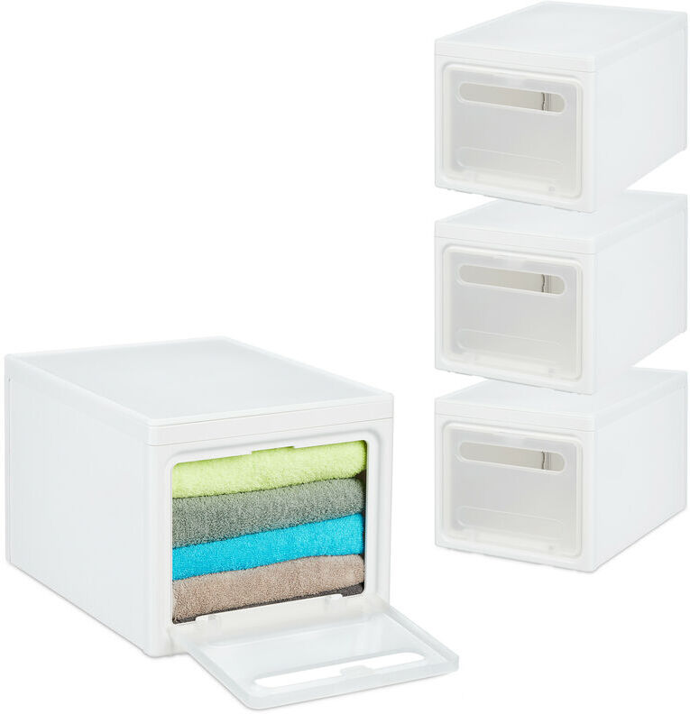 Relaxdays - Storage Boxes Set of 4, Stackable Plastic Containers, 31L, with Lid & Semi-Transparent Door, Plastic, White