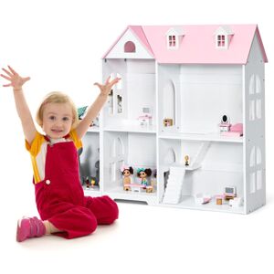 Costway - Kids 2-Tier Dollhouse Bookcase 2-in-1 Multi-Purpose Wooden Bookshelf-Pink