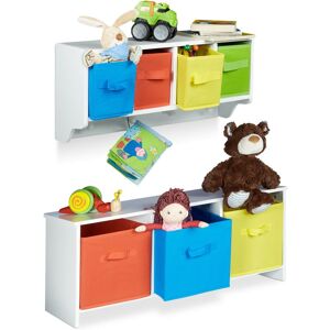 RELAXDAYS 2-piece children's storage set, bench with storage, wall shelf and coat rack, white with colourful fabric boxes