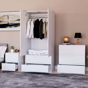 HOME DISCOUNT 3 Piece Denver Bedroom Set, 2 Drawer Large Bedside Chest, 3 Drawer Chest, 2 Door 2 Drawer Wardrobe, White