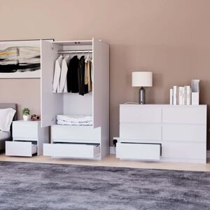 Home Discount - 3 Piece Denver Bedroom Set, 2 Drawer Large Bedside Chest, 6 Drawer Chest, 2 Door 2 Drawer Wardrobe, White