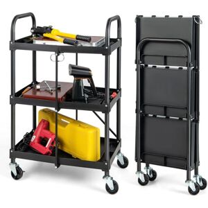Costway - 3-Tier Folding Storage Trolley Heavy Duty Tool Cart Rolling Storage Organizer
