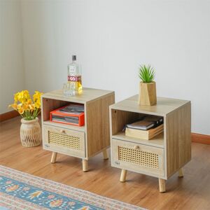 Abrihome - Set of 2 Rattan Nightstand, Bedside Table with 1 Drawer and Wooden Legs, Rustic Style Shelf Nightstand for Bedroom Living Room,40D x 35W x