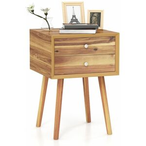 COSTWAY Bedside Table Solid Wood Legs Night Stand Cabinet Unit with 2 Storage Drawers