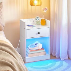 HOOBRO Bedside Table with Charging Station and LED Lights, Side Table with 1 Outlet and 2 USB Ports, Nightstand for Living Room, Bedroom, White
