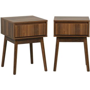 Sweeek - Wood decor one drawer bedside table (set of 2), Linear, Walnut, 39x39x55.4 cm