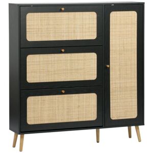 Sweeek - Boheme black canework shoe cabinet, 3 drawers, 1 door, 21 pairs, 120 x 24 x 125 cm