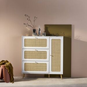 Sweeek - Bohème white canework shoe cabinet, 3 drawers, 1 door, 21 pairs, 120 x 24 x 125 cm