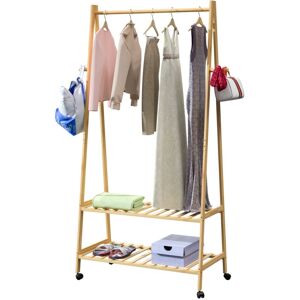 Casaria Bamboo Coat Rack with Shelves and Castors 155x70x45cm Clothes Rail and 2x Wooden Shoe Racks Includes 4 Hooks Wood Stable Narrow Hallway Coat-Rack