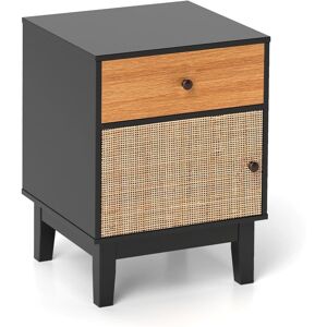 Rattan Nightstand Mid Century Modern Bedside Table w/Drawer-Black - Costway