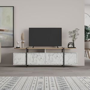 Decortie Hanley Modern TV Stand Multimedia Centre TV Unit With Storage Cabinet 160cm - White Marble Effect / Oak
