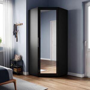ELEGANT Corner Mirrored Wardrobe Modern High Gloss Furniture with 2 Hanging Rails and 4 Storage Shelves, Bedroom Closet Storage, Space Saving Design, Black