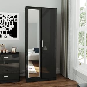 Elegant - High Gloss Wardrobe with Mirror, Soft Close Hinge Mirrored Wardrobe Cabinet, 2 Doors Black Wardrobe Set Bedroom Furniture with Hanging Rod