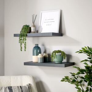 Home Source - Pair Floating Wall Mounted Book Storage Shelf Wooden 60cm Bookshelves Matt Grey