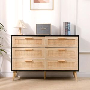 FURNITURE HMD 6 Drawers Rattan Wide Chest,Storage Sideboard Cabinet,Organizer Unit for Bedroom,Living Room,Hallway,Black and Natural