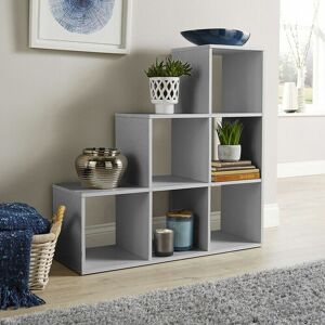 Home Source - Grey Step Style Storage Cube 6 Shelf Bookcase Wooden Display Staircase
