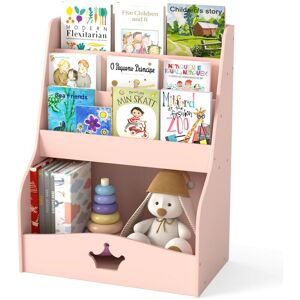 Costway - Kids Bookshelf Montessori Bookshelf w/ 3 Shelves & Open Compartment Pink