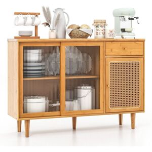 Costway - Kitchen Buffet Sideboard Storage Cabinet Cupboard w/ Tempered Glass Sliding Door