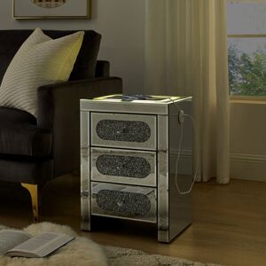 COSVALVE Mirrored Silver Bedside Table Nightstand - Wireless/USB/Type C Charging, Modern LED Side Table with Crystal Drawers Storage Cabinet for Bedroom