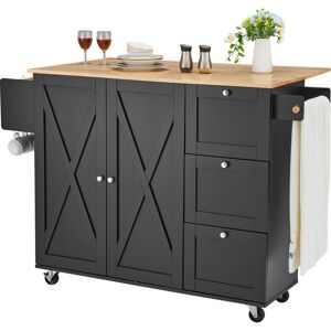 Mophorn - Kitchen Island Cart, 56' Wood Top Mobile Carts with Storage Cabinet, Rolling Table with Drop Leaf, Spice Rack, Towel Bar, Adjustable Shelf,