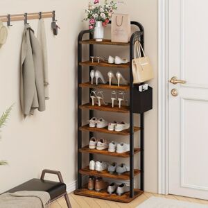TLILY Shoe Rack, 8 Tier Vertical Shoe Shelves, Slim Shoe Stand for Closet, Entryway, Shoe Storage for Small Spaces, Free Standing, Adjustable, with 3 Hooks