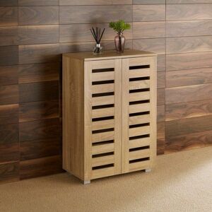 Home Source - Oslo 2 Door Oak Wooden Shoe Storage Cabinet Rack Stand Cupboard Slatted Doors