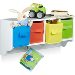 Relaxdays - albus Kids' Wall Storage Unit, Shelf with 4 Garment Hooks, Children's Wardrobe with 4 Colourful Folding Boxes, Size: ca 28 x 61 x 16 cm,