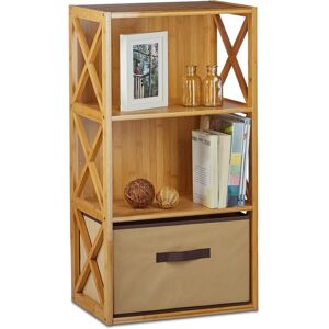 Relaxdays - Bamboo Shelf with Basket, 3 Tiers, Wooden Freestanding Bathroom Rack, Folding Drawer Box, HxWxD: 80 x 42 x 29 cm, Natural Brown