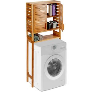 Bamboo Washer Storage Rack, Freestanding Bathroom Shelf, Slatted Doors, 3 Tiers, hwd 164 x 66 x 26 cm, Natural - Relaxdays
