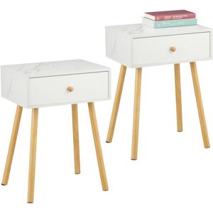 Relaxdays - Bedside Table, Set of 2, with Drawer, Marble & Wood Look, 55 x 40 x 32 cm, Bedroom Nightstand, White/Natural