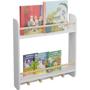 Relaxdays - Children's Wall Shelf, 2 Compartments & 4 Hooks, for Kids Books & Clothes, 62.5 x 60 x 12 cm, White/Natural