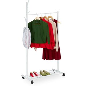Coat Rack with Castors, HxWxD: 165 x 80 x 44 cm, Metal, Shelf, Mobile Clothes Stand, Movable Wardrobe, White - Relaxdays